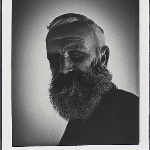 Image similar to a realistic polaroid photo of an old man with a beard after a failed experiment inside a laboratory, the head of the old man is deformed and dark, the old man looks like a evil god, cosmic horror