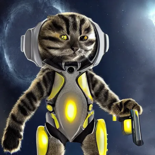 Image similar to humanoid with cat-like features in futuristic space armor with force fields, yellow eyes, teeth that protrude past the lower lip and fine grayish fur on their faces and backs of their hands and carrying weapons, octane,