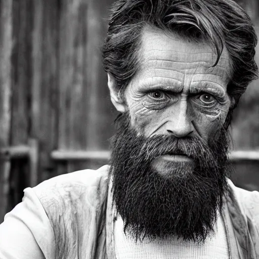 Image similar to Willem Dafoe with a beard in The Lighthouse (2019), high contrast, black and white cinematography