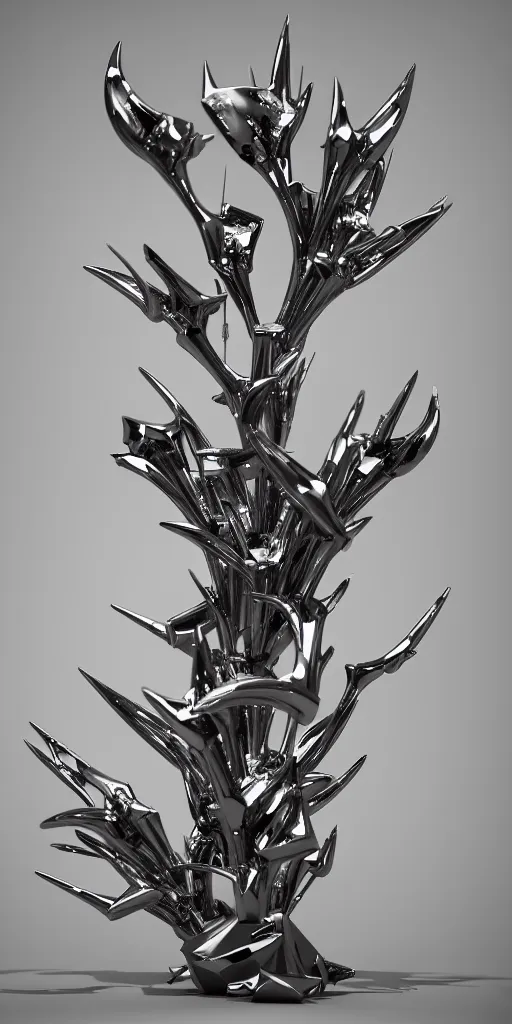 Prompt: 3 d photographic render of a chrome neotribal thorns and thunders sculpture, raytracing, hyper realistic, volumetric lightning, 8 k, by zhelong xu and ouchh studio