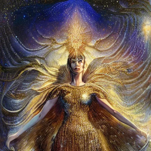 Image similar to full body made of diamonds , wearing a golden koftan ,thunder, shining light, nebulas, god rays by Karol Bak, Ayami Kojima, Amano and Olivier Ledroit