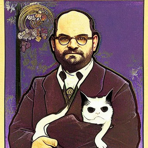 Image similar to “ portrait of george costanza from seinfeld holding grumpy cat, art nouveau, by alphonse mucha ”