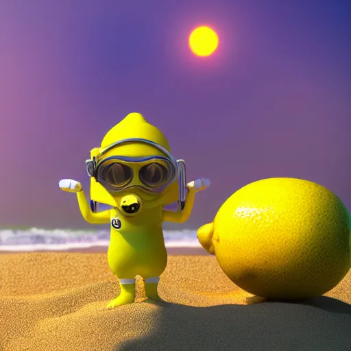 Prompt: 3 d octane render of an anthropomorphic lemon character, with lemon skin texture, it is wearing a hat and scuba diving suit, it's seen building a sandcastle on the beach at sunset, beach, huge waves, sun, clouds, long violet and green trees, rim light, cinematic photography, professional, sand, san dcastle, volumetric lightening