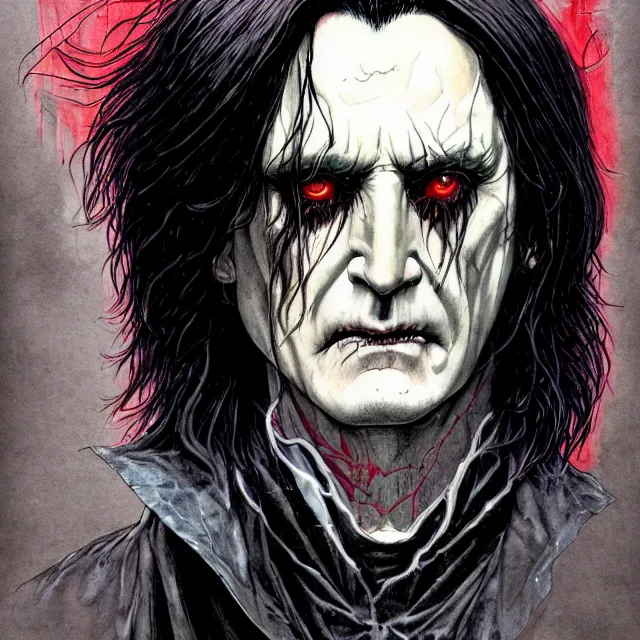 Prompt: symmetrical complex fine detail, black ink & copic markers, vibrant muted colors, disturbing grunge still of a [ biblical demon infested ] [ severus snape ], by ( arthur adams ), by ( tom bagshaw ), by henry asencio, by kikuchi hideyuki