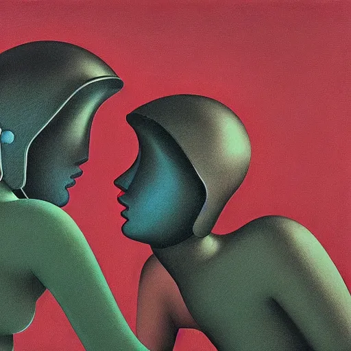 Image similar to portrait of an two girls kissing each other wearing astro helmet with tight black latex dress tight suit by Andy warhol, Edward Hopper and James Gilleard, Zdzislaw Beksinski, Mark Ryden, Wolfgang Lettl highly detailed