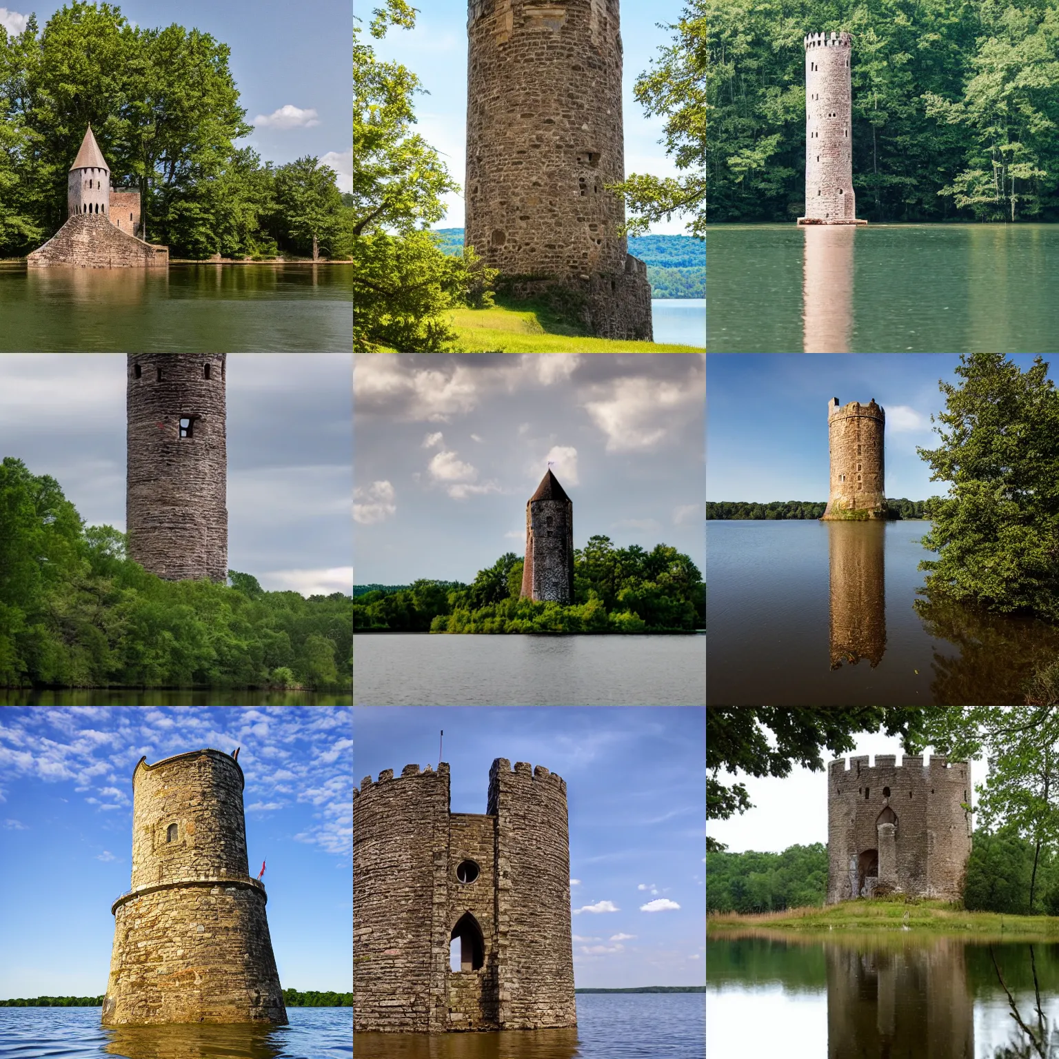 Prompt: a medieval tower in the middle of a lake in Tennessee