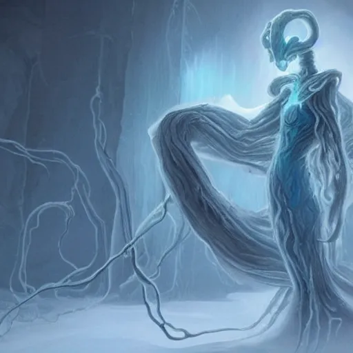 Image similar to concept designs for an ethereal wraith like figure with a squid like parasite latched onto its head and long tentacle arms that flow lazily but gracefully at its sides like a cloak while it floats around a forgotten kingdom in the snow searching for lost souls and that hides amongst the shadows in the trees, this character has hydrokinesis and electrokinesis for the resident evil game franchise with inspiration from the franchise Bloodborne and the mind flayer from stranger things on netflix and concept art from BioShock infinite