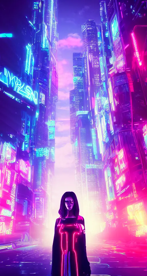 Image similar to Portrait of a beautiful cyberpunk women, city skyline on background, neon lights, glow, retrowave style