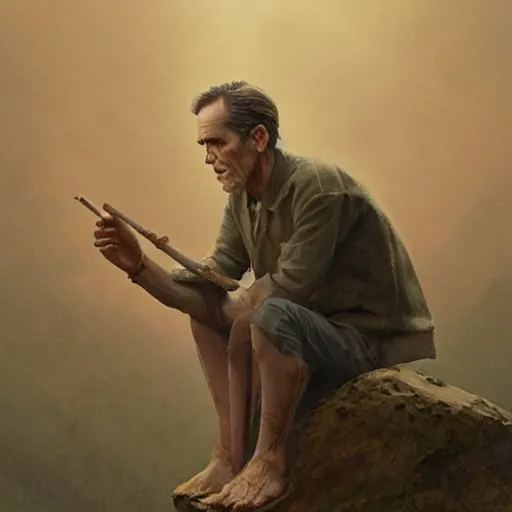 Image similar to a highly detailed epic cinematic concept art CG render digital painting artwork costume design: Henry Fonda as a 1950s tired poet, barefoot, smoking a cigarette. By Greg Rutkowski, Ilya Kuvshinov, WLOP, Stanley Artgerm Lau, Ruan Jia and Fenghua Zhong, trending on ArtStation, subtle muted cinematic colors, made in Maya, Blender and Photoshop, octane render, excellent composition, cinematic atmosphere, dynamic dramatic cinematic lighting, aesthetic, very inspirational, arthouse