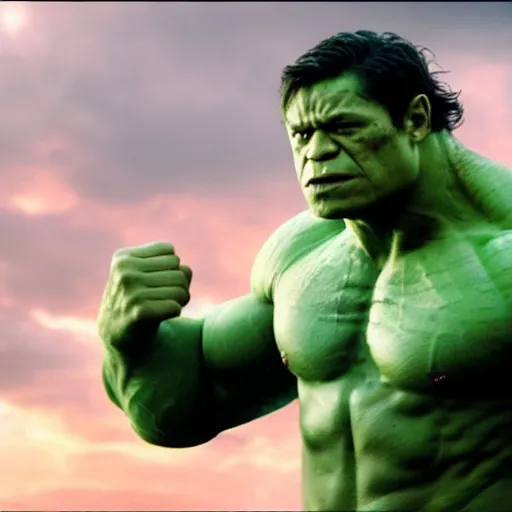 Prompt: film still of Joseph Gordon Levitt as The hulk in new avengers film, 4k