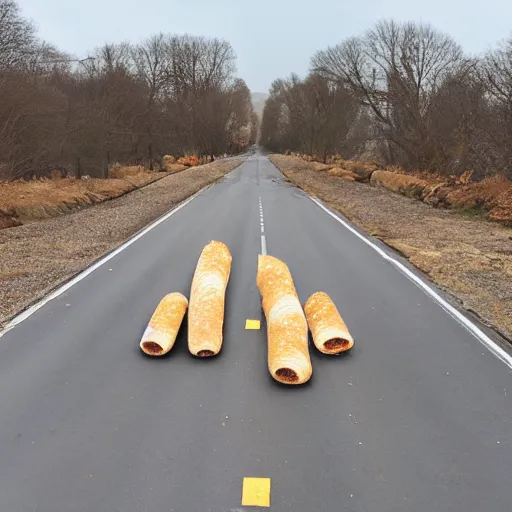 Prompt: Road covered in baguettes