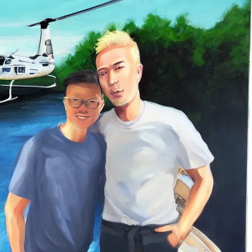 Image similar to painting of blonde swedish guy and tall korean guy in front or robinson helicopter