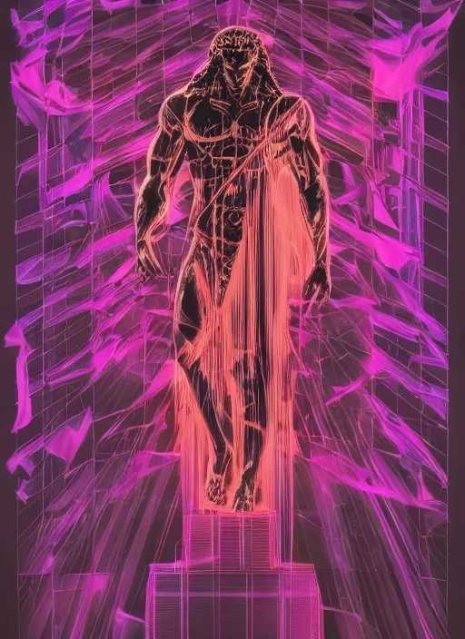 Prompt: dark design poster showing a heroic statue of zeus, black background with very subtle purple red design elements, powerful, nekro, vito acconci, thin straight lines, dark, glitch art, neo vaporwave, gritty, layout frame, square, trending on artstation