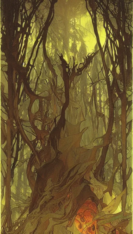 Image similar to a storm vortex made of many demonic eyes and teeth over a forest, by alfons maria mucha