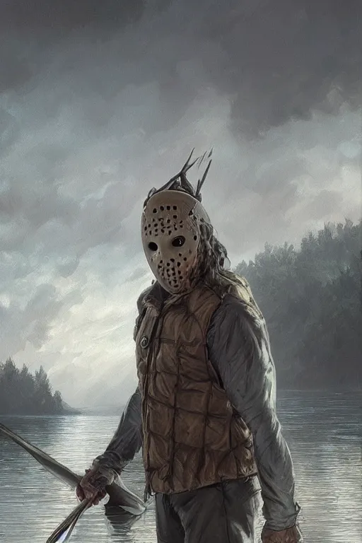 Prompt: portrait of Jason Voorhies emerging from the lake, D&D, fantasy, highly detailed, digital painting, artstation, concept art, smooth, sharp focus, illustration, art by artgerm and greg rutkowski and alphonse mucha