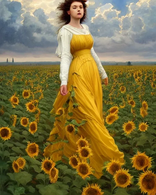 Image similar to a girl slowly in really long dress walking through amazing tall sunflower field, hair flowing, early morning lightning, bad weather approaching, oil on canvas, artstation, by j. c. leyendecker and edmund blair leighton and charlie bowater, octane, very aesthetic!!!!!!!!!!!!!!!
