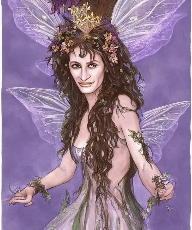 Prompt: 20yo Young Julia Roberts as a fairy faerie, beautiful face, Pretty Woman boots, fantasy concept art by J.Dickenson