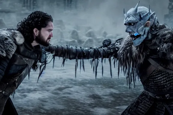 Image similar to very very intricate photorealistic photo of jon snow fighting the night king, photo is in focus with detailed atmospheric lighting, award - winning details