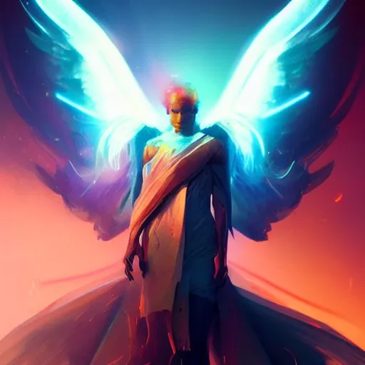 Image similar to portrait of a beautiful force of the good light seraphim male futuristic angel, volume lighting, concept art, by greg rutkowski!!, colorful, xray melting colors!!