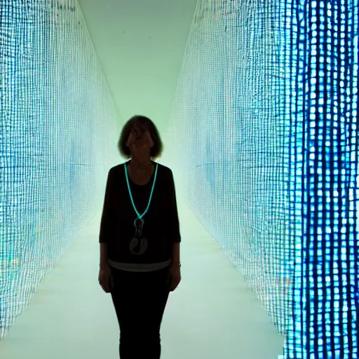 Image similar to a woman standing in front of a light sculpture, a hologram by bruce munro, featured on tumblr, interactive art, hall of mirrors, tesseract, futuristic