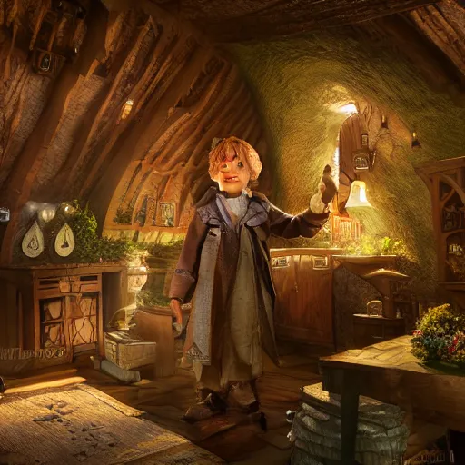 Image similar to bilbo baggins inside a medieval hobbit house, ornate, beautiful, atmosphere, vibe, flowers, concept art illustration, color page, 4 k, tone mapping, doll, akihiko yoshida, james jean, andrei riabovitchev, marc simonetti, yoshitaka amano, digital illustration, greg rutowski, volumetric lighting, sunbeams, particles