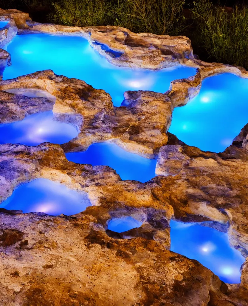 Prompt: endless travertine pools, bright blue glowing water, night photography, magical