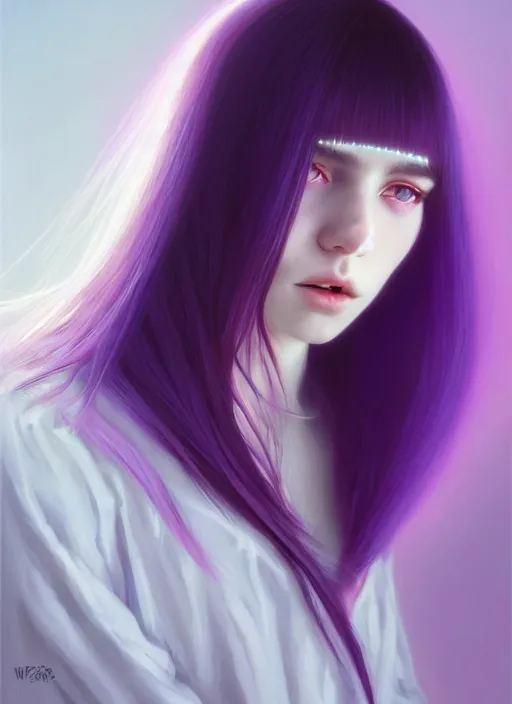 Image similar to hair whitebangs hair, black hair, whitebangs, portrait of teenage girl with white bangs, red irises, purple clothes, white bangs, bangs are different color from hair, intricate, elegant, glowing lights, highly detailed, digital painting, artstation, concept art, smooth, sharp focus, illustration, art by wlop, mars ravelo and greg rutkowski