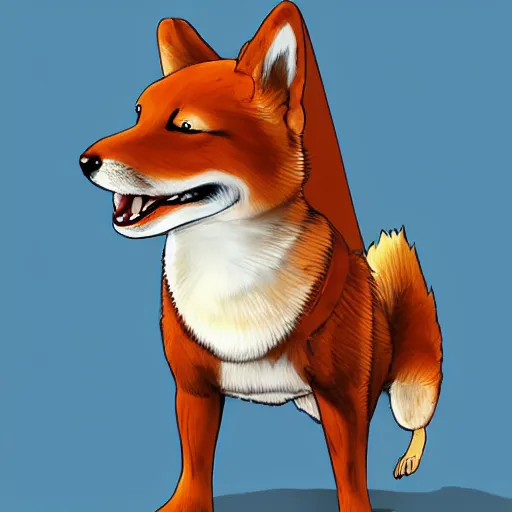 Prompt: a cross between a Shiba inu and a velociraptor by Wayne Barlow