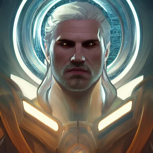 Image similar to symmetry!! portrait of the witcher, thunder, sci - fi, glowing lights!! intricate, elegant, highly detailed, digital painting, artstation, concept art, smooth, sharp focus, illustration, art by artgerm and greg rutkowski and alphonse mucha, 8 k