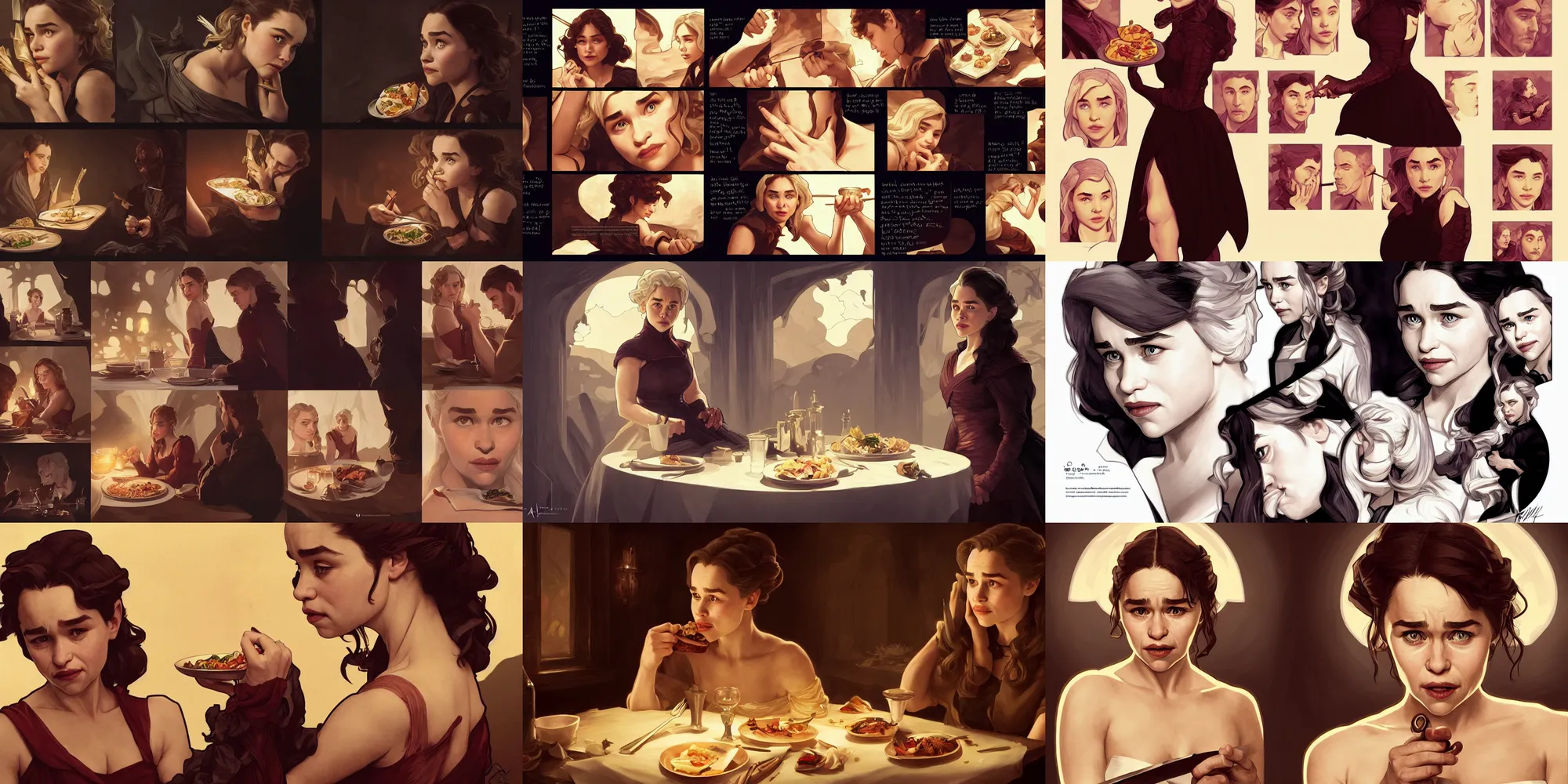 Prompt: emilia clarke eating dinner, character sheet, character design, contrast, deep focus, turnaround, highly detailed, dramatic lighting, digital painting, artstation, concept art, matte, sharp focus, illustration, elegant, art by artgerm and greg f and alphonse mucha.