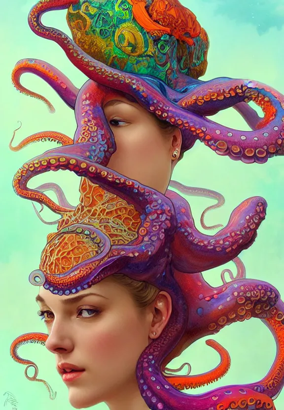 Prompt: close up of a beautiful woman wearing a colourful octopus as a hat, fantasy, intricate, elegant, highly detailed, digital painting, artstation, concept art, smooth, 8 k, sharp focus, illustration, art by artgerm and greg rutkowski and alphonse mucha