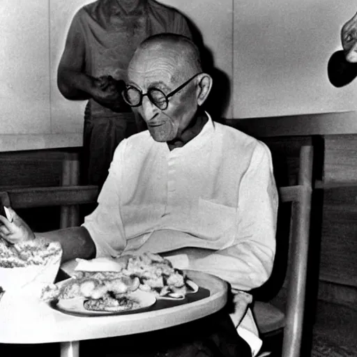 Image similar to Ghandi Chowing down on a feast in mcdonalds