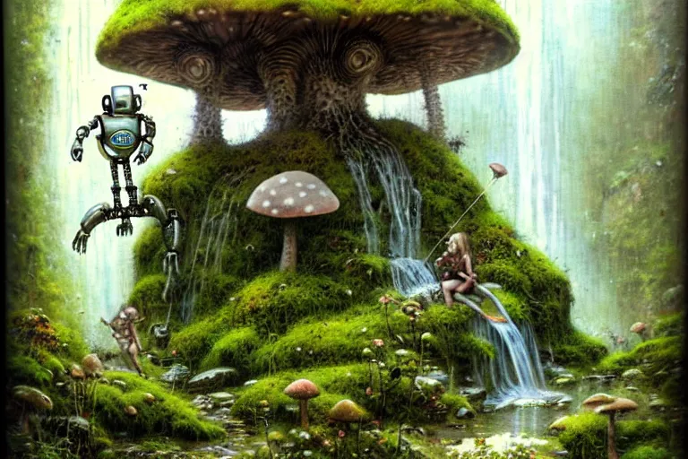 Prompt: adventurer 1 9 5 0 s retro future robot android primate in forrest of giant mushrooms, moss and flowers stone bridge waterfall. muted colors. by jean baptiste monge