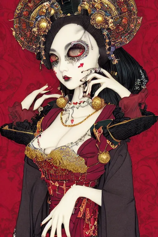 Image similar to thoth tarot card of an avant - garde japanese bjd geisha vampire queen with porcelain skin in victorian red dress in the style of dark - fantasy lolita fashion painted by yoshitaka amano, takato yamamoto, james jean, dmt art, symmetrical vogue face portrait, intricate detail, artstation, cgsociety, artgerm, gold skulls, rococo