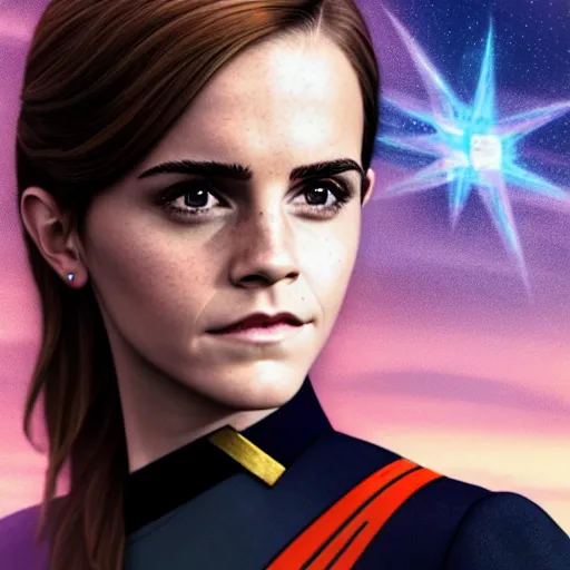 Prompt: a portrait of emma watson as a star fleet officer from star trek next generation, ultra rendered extreme realism and detail, 8 k, highly detailed, realistic, completely framed, pbr, surreal, hyper realistic, colorful, direct lighting, 3 5 mm photo, photorealistic, sharp focus