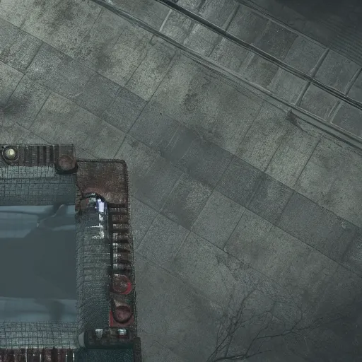 Image similar to playstation 5 screenshot of silent hill, overhead view, reflections, clear view