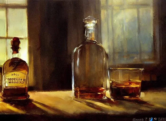 Image similar to oil painting of whiskey bottle, art by anders zorn, wonderful masterpiece by greg rutkowski, beautiful cinematic light, american romanticism by greg manchess