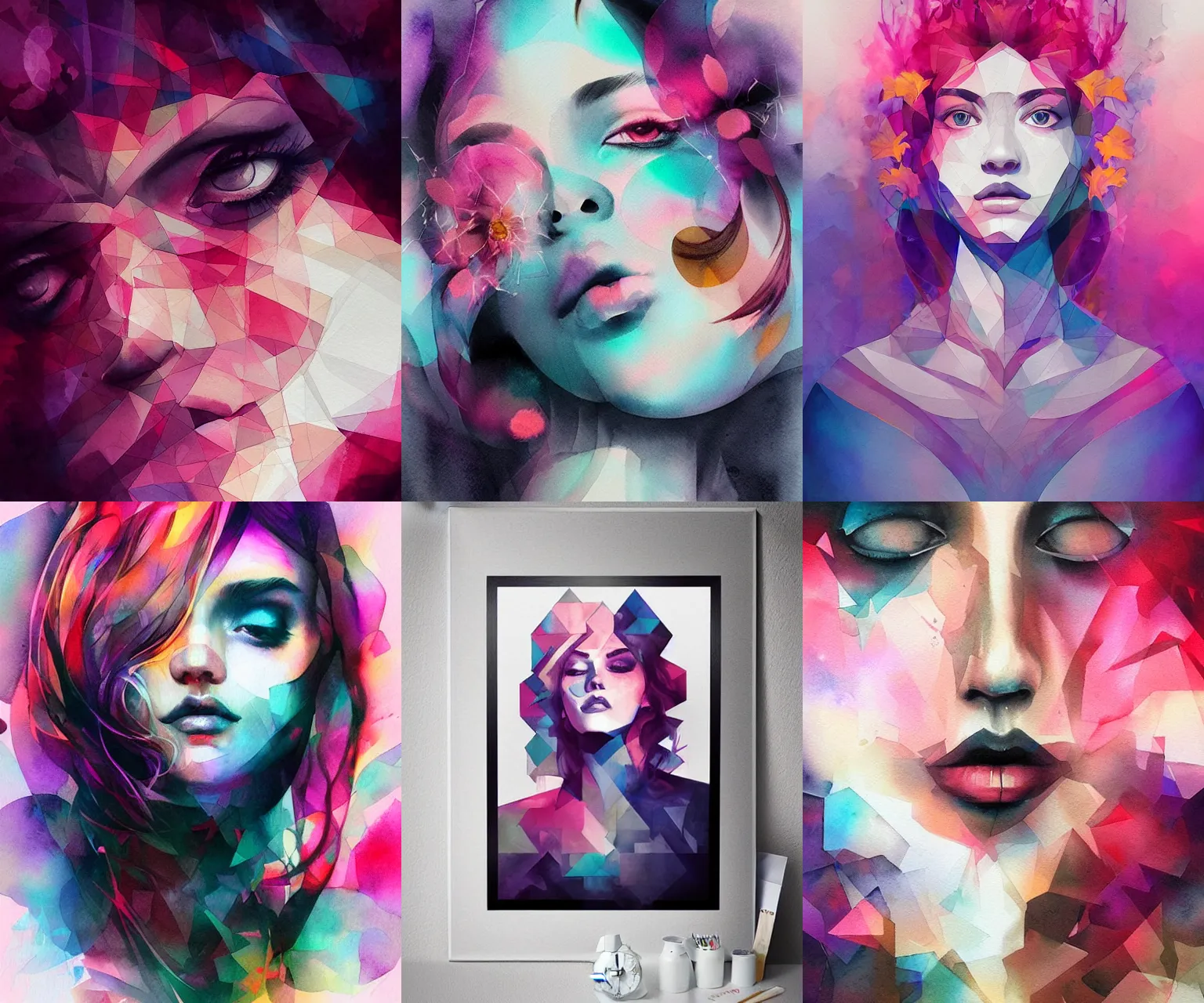 Prompt: geometric beauty smoky watercolor flower portrait, pop fantasy art, by WLOP and artgerm and alena aenami