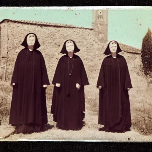 Image similar to strange nuns, rural town, tuscany, photo taken on an old box camera, color photo, film grain, 1920s, Daguerreotype, old photo, detailed, grotesque