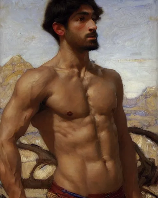 Image similar to muscular male, orientalist intricate portrait by john william waterhouse and edwin longsden long and theodore ralli and nasreddine dinet, oil on canvas. cinematic, hyper realism, dramatic lighting, high detail