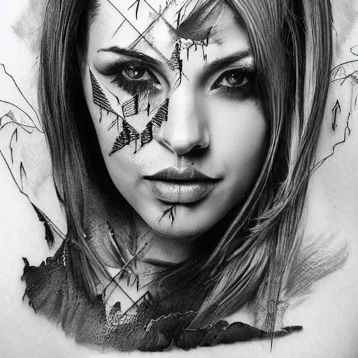 Image similar to realistic tattoo sketch of peta jensen face double exposure effect with a mountain scenery, in the style of matteo pasqualin, amazing detail, sharp