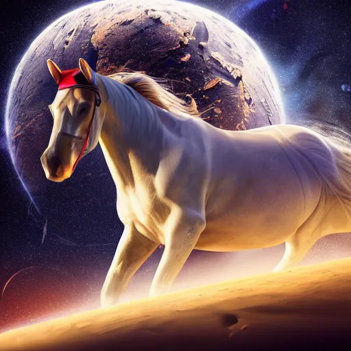 Image similar to horse wearing a space suit floating in outer space, highly detailed, stars in the background, nasa picture, 4 k, octane render, highly realistic photograph