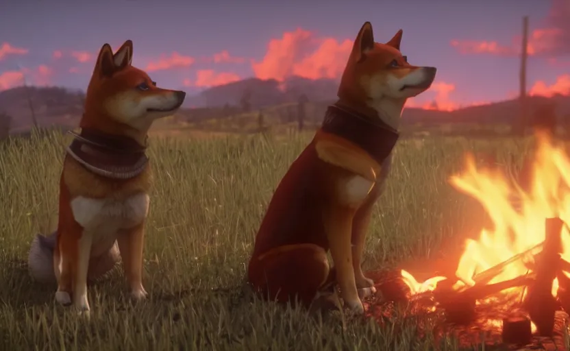 Image similar to A shiba inu dog in Red Dead Redemption 2, cinematic shot, campfire