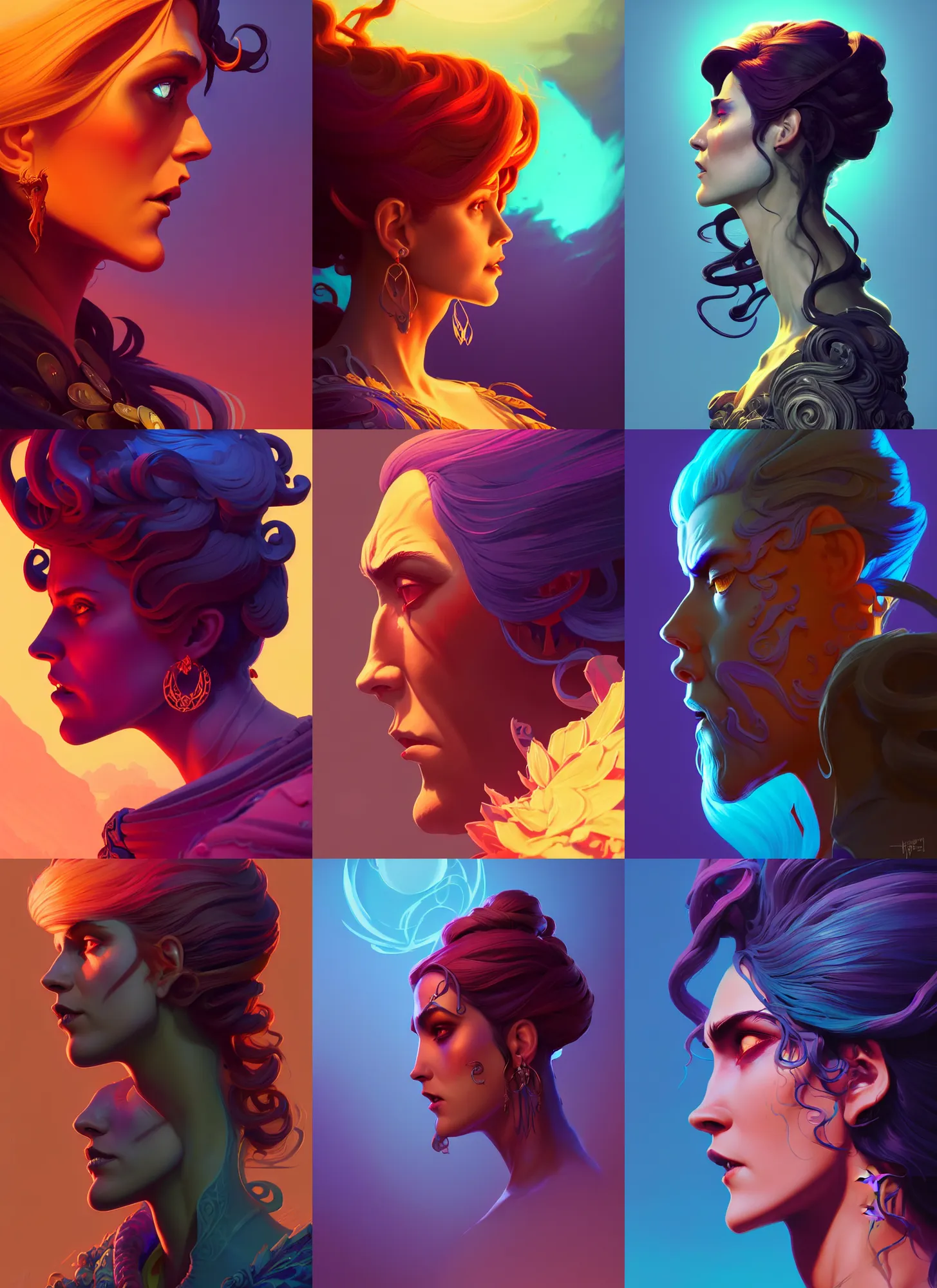 Prompt: side profile centered painted portrait, Hades, D&D, Gloomhaven, matte painting concept art, art nouveau, beautifully backlit, swirly vibrant color lines, fantastically gaudy, aesthetic octane render, 8K HD Resolution, by ilya kuvshinov and Cushart Krentz and Gilleard James