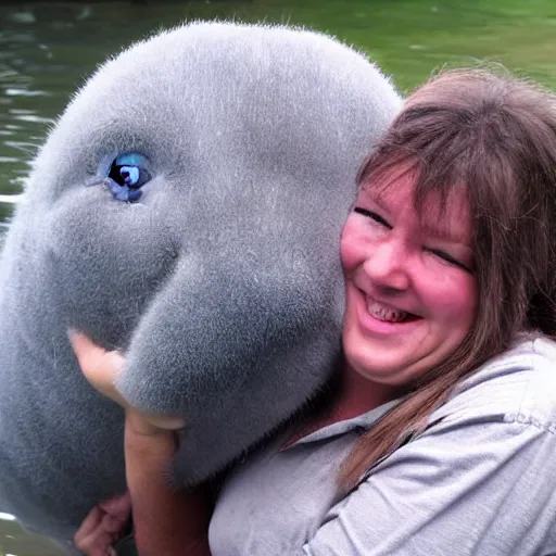 Image similar to fluffy pygmy manatee being hugged by a person, realistic, fantasy, pet, adorable, national geographic