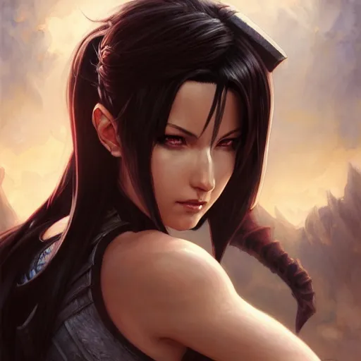 Prompt: an epic fantasy comic book style portrait painting of tifa, d & d, fantasy, intricate, elegant, digital painting, artstation, concept art, extremely detailed, matte, sharp focus, illustration, art by artgerm and greg rutkowski and alphonse mucha