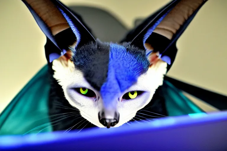 Prompt: a blue - and - black male catbat fursona with blue / green heterochromatic eyes ( one blue, one green ) and huge bat ears, photo of the catbat streaming on his computer