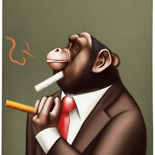 Image similar to a high detail photo of an antropomorphic chimp wearing a suit smoking a cigarrette, subject= chimp, subject detail: wearing a suit, subject action: smoking a cigarrette photorealism