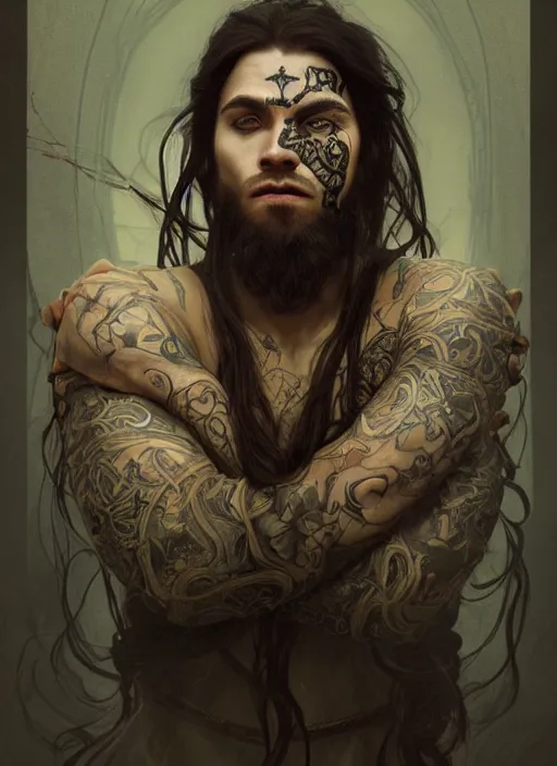 Prompt: portrait of a young giant charming cunning man with runic face tattoo and long tangles of straight black hair, piercing eyes, wearing royal viking robe, hyper realistic face, epic, very low angle, fantasy art, in the style of greg rutkowski, intricate, alphonse mucha, hyper detailed, smooth