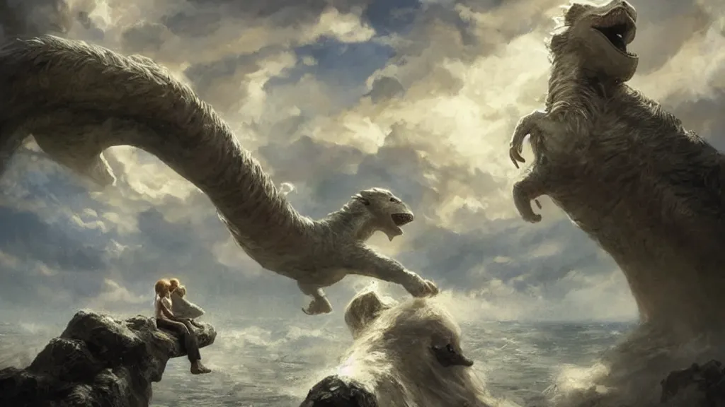 Prompt: boy falls off falkor in a storm. the neverending story. greg rutkowski. melancholy undertones. 3 8 4 0. 2 1 6 0.